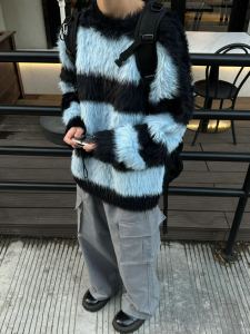 Stripes Charming Blue Heart Stylish Fashion Mink-like Sweater Men and Women Idle Style Soft Glutinous Couple Sweater Outwear