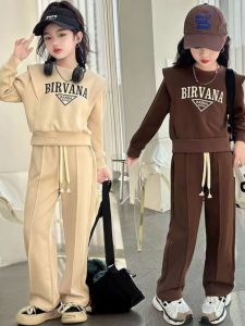 Girls Sporty Sweatshirt Set Spring Autumn Casual Style Two-Piece Ensemble for Medium to Large Children Fashionable Trendy