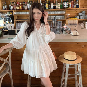 2025 New French Style Lace Hollow out Splicing White Dress Women Spring Autumn Gentle Temperament Skirt Polyester Fabric A-Line Skirt