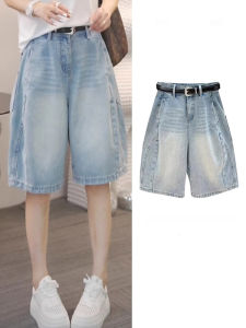 Shalldoer | High Waist Blue Floral Workwear Jeans Womens Loose Slimming Five-Point Pants Summer Casual Straight Leg Trousers