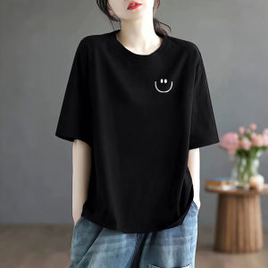 LINGLONGDAI | Loose Fit Cotton Round Neck Short Sleeve T-Shirt Women Summer New Style Slimming Base Shirt Dopaamine Body Shirt Top Pure Color