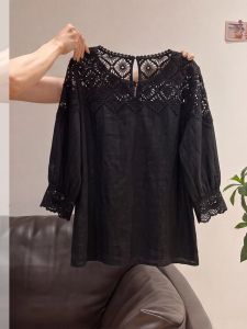 Slim Fit Lace Hollow Round Neck Black Long Sleeve Blouse