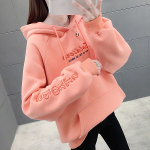 เสื้อสเวตเตอร์มีฮู้ดแขนยาวหลวมๆ ปักลายตัวอักษรสำหรับผู้หญิงไซส์ใหญ่ เสื้อคลุมกันหนาวฤดูใบไม้ผลิและฤดูใบไม้ร่วง สไตล์เกาหลี คอตตอนผสมโพลีเอสเตอร์ 100%