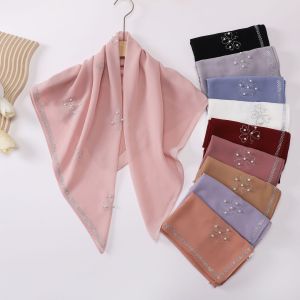 Jifang 90x90cm Lucky Four-leaf Clover Pearl Beads Rhinestones Plain Bubble Chiffon Square Scarf Pashmina Muslim Hijab Square Bawal WC80