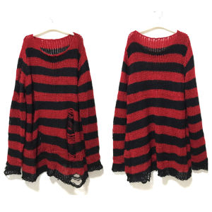 Ripped Striped Medium-Length Knitwear Street Style round Neck Long Sleeve Womens Sweater Spring Autumn Season A-Line Coat