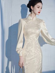 Mensou Euro Style New Chinese Elegant White Cheongsam Dress Beautiful Luxury Spring New Arrival Womens Silk Long Sleeve Dress