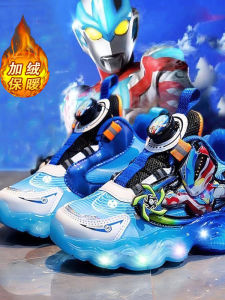 Diatto Ultraman Kids Sport Shoes Fleece Lined Glowing Lighting Boy Baby Leather Surface Low Top Anti Slip Wear Resistant