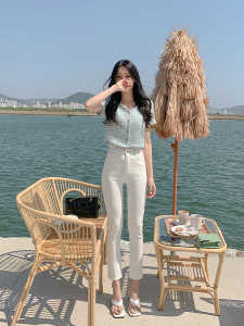 Quần Jeans Denim Ống Thẳng Cạp Cao Co Giãn Màu Trắng Cho Nữ Quần Denim Mùa Hè Chất Liệu Cotton Co Giãn