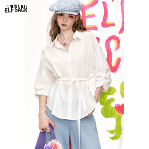 ELFSACK 2025 Summer New Arrivals WomenS Waist Cinched Pleated White Long Sleeved Chic Shirt For Women