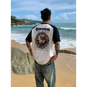 Country Trendy Heavy Weight Pure Cotton Contrast-Color Raglan Short Sleeve T-Shirt Mens Summer American Style Loose Patchwork Half Sleeve Top Clothes