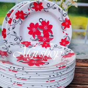 12Pcs Grtis sendok Piring makan melamin cekung motif kembang bintang merah tebal dan bebas BPA