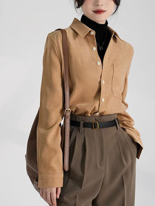 Brown Brushed Shirt for Women Spring & Fall Accessible Luxury Fancy French Tops Inner Wear Bandage Dress Long Sleeve Shirt Coat Fall and Winter