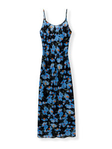 Blue Marguerite Silk Print Wrap Dress Vacation Style Belted Strapless Midi Dress Comfortable Woven A-Line Silken Gown