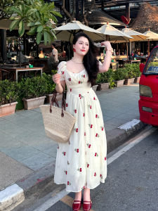 French Style Bubble Sleeve Embroidered Dress Square Collar Beach Vacation Dress plus Size Women Cherry Stitching Gentle Wind