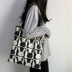 Rabbit Canvas Bag 2025 New Ins Large Capacity Single Shoulder Zipper Handbag for Students Class Fashion Trend Soft Handle