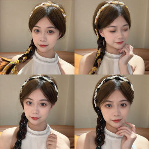 Summer Floral Hairband Womens Scarf Tied Hair Pearl Integrated Braid Headband Silk Scarf Drifting Ribbon Hairband