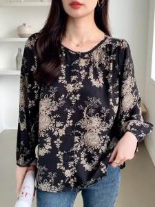 AMMIN 2024 Autumn new simple crew-neck single-breasted mystery black chiffon shirt Womans French chic floral print long sleeve sleeve elegant blouse