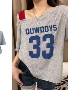 American Retro Shoulder T-Shirt Short Sleeve Womens Summer New Design Loose Top Ins Shoulder Exposure Fake Two-Piece