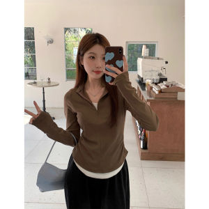 Ankela Red Early Autumn Womens Slim Fit V-Neck T-Shirt Fake Two-Piece Base Shirt Korean Style Long Sleeve Pure Color Commute