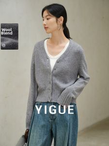 Yigue | Wool Blend V-Neck Long Sleeve Knitted Cardigan