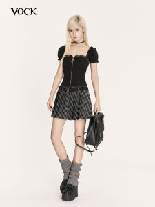 Slimming Plaid A-Line Mini Dress Dark Style Pleated Skirt One-Shoulder Bridesmaid Dress VOCK Hot Girl Style Spring Summer Autumn