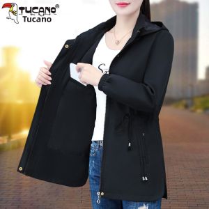 TUCANO Womens Loose Fit Hooded Jacket Fashionable Windbreaker Outerwear Mid-Length Spring Autumn Zipper Pocket Detail Polyester Fiber