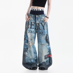 zuocisankon | Quần Jeans Chân Rộng Cao Waist In 3D Graffiti Phong Cách Đường Phố