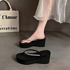 Super Popular 2025 Water Diamond Slippers 8cm Thick Heel Slope Follow Black Holiday Beach Shoes Sweet Style Pure Color PU Material