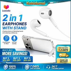 KEBIDUMEI 2 in 1 Earphones with Stand New design Semi-in-Ear Wired Headset with Mic & Remote Control 14mm Dynamic Driver for Clear Sound Compatible with iPhone/Android/Laptop/Tablet