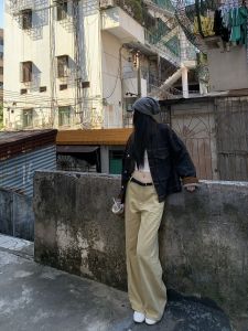 Khaki Wide Leg Jeans Women Loose Slimming High Waist Vintage Lazy Feel Casual Floor-Length Straight Leg Long Pants