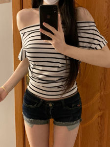 Slim Fit Striped Asymmetrical Shoulder Short Sleeve T-Shirt Womens Summer New Style Elegant Versatile Top Wet Dry Quick Drying