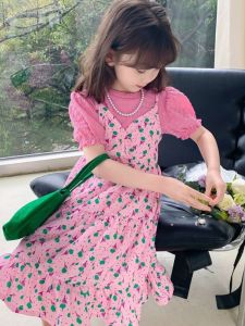 Dopamine Style Floral Print Girls Dress Summer Fashionable A-Line Skirt Childrens Clothing Kids Dresses Princess Skirt
