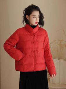 Fashionable Quilted Duck down Jacket Womens Short Slim Fit Stand Collar Chinese Style Button Short Coat Warm Retro Straight Tube