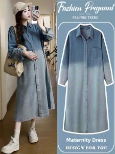 MAMABENSE | Maternity Dress Fashionable Loose Slimming Blue Gradient Denim Long