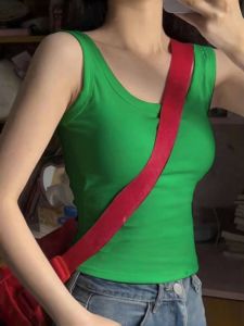 Hot Girl Cotton Rubber Strap Vest Womens Sleeveless Wide Shoulder U-neck Green Top Summer Fashion Sweet-and-Spicy Style