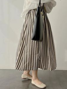 Japanese-Style Retro Cotton and Linen Stripes Texture Skirt Womens Summer Small High Waist Slim Looking Drape A- line Umbrella Skirt