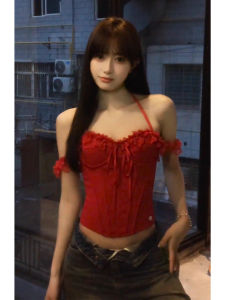 chaqi | เสื้อกั๊กคอวีลูกไม้สีแดงเซ็กซี่สำหรับผู้หญิงในช่วงฤดูร้อน เสื้อชั้นในและเสื้อผ้าชั้นนอกแบบลำลองสำหรับสาวๆ