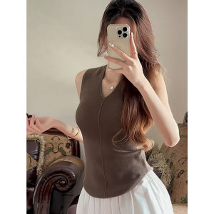 YUEZHONGWEI | French V-neck Ice Silk Knitted Strap Vest Women Summer Outerwear Slimming Waist Cutout Sleeveless Top Unique Beautiful