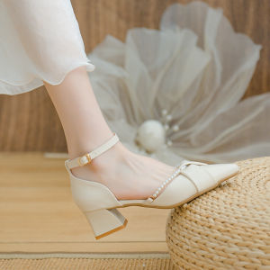 True Leather Sandals Womens Summer 2025 New Fairy Style Pointed Toe Thick Heel Match Skirts Single Shoes Embroidery Pearl