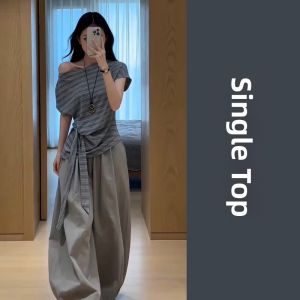 LIRUSHAN | Korean Style Slant Shoulder Striped T-Shirt and Wide Leg Pants Set