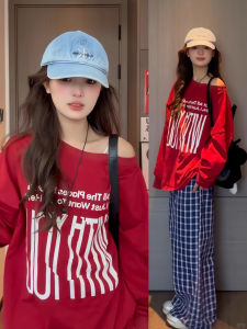 Áo Nỉ Dài Tay Màu Đỏ Phong Cách Hàn Quốc Cho Nữ Quần Kẻ Caro Rộng Rãi Thiết Kế Đầu Thu Quần Áo Công Sở Bộ Đồ Hai Mảnh