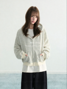 ARCG | Áo Khoác Hoodie Phong Cách Spring Lỏng Đôi Zip Có Sọc Xám