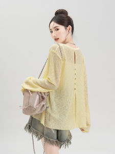 Nurture One | Áo Blouse Knit Chống Nắng Mỏng Sheer Cổ Đục Lỗ Ren
