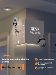 ARTPIONEER | Corner Wall Clock with Panda Design Double-sided No-drilling Perpetual Calendar Electronic Clock