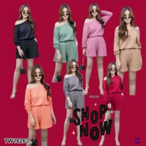 TW18263 Set #สาวอวบ 2 ชิ้น เสื้อปาดไหล่ + กางเกงขาสั้น ..