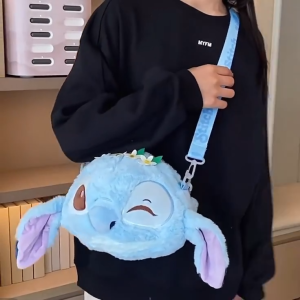 (READY STOCK) Stitch School Sling Bag Fluffy Plush Cute Funny Girl Anime Crossbody Bag Fashion Doll 史迪奇公仔斜挎收纳补习毛绒包 Beg