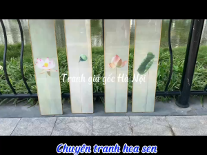 Tranh hoa sen khổ dọc tráng gương bộ 4 bức đẹp trang trí spa phòng trà phòng thiền ban thờ tặng kèm đinh treo