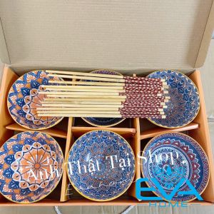 Bộ 6 Chén Sứ Hoạ Tiết Thổ Cẩm Bohemia Sang Trọng Tặng Kèm 6 Đôi Đũa Tre Cao Cấp