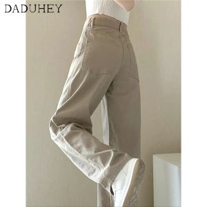 Daduhey Ins กางเกงยีนส์ถูพื้นสำหรับผู้หญิงใหม่กางเกงผู้ชายขาสามส่วนเอวสูงหลวมย้อนยุคขากว้างแบบแฟชั่นลำลองเข้ากับทุกชุด