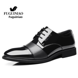 FGN | Mens Leather Business Formal Shoes with Three-Piece Sole Glossy Finish and Built-in Heel